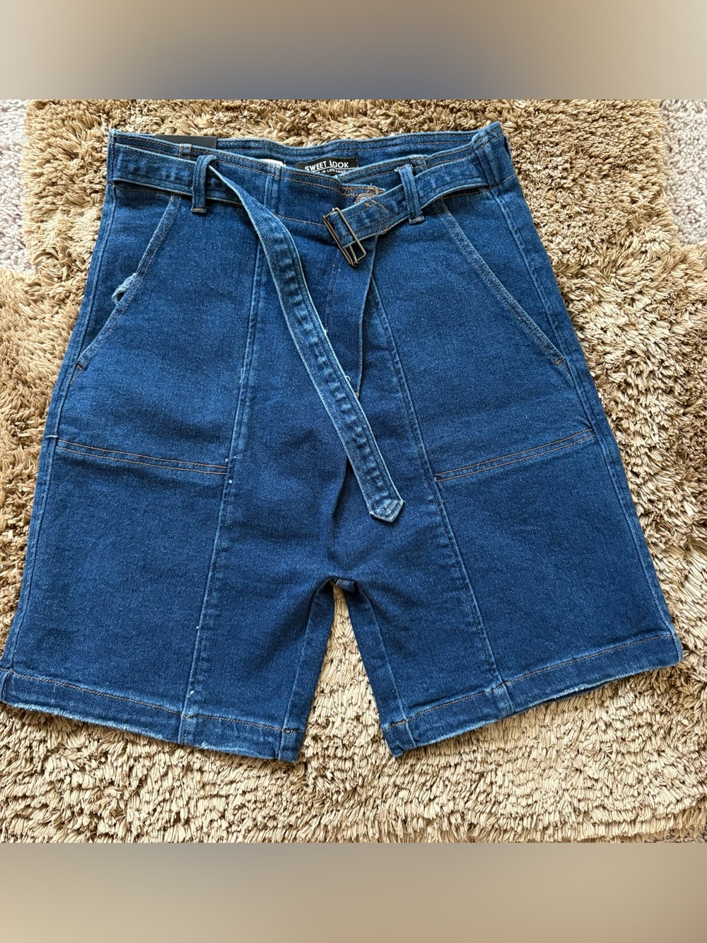High-Waist Dark Blue Denim Belted Shorts